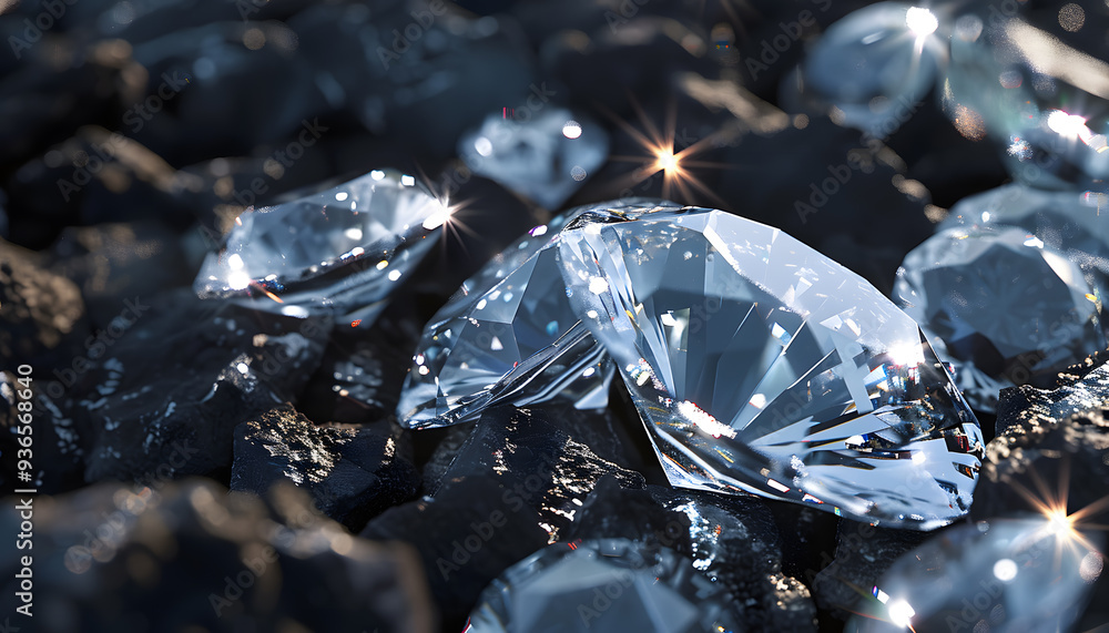 Close-up of sparkling diamonds nestled on a dark, textured background, creating a striking contrast and an elegant ambiance. Close-up of sparkling diamonds nestled on a dark, textured background, creating a striking contrast and an elegant ambiance.
