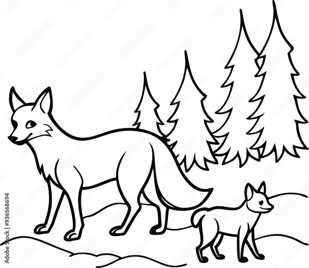 Obraz premium Simple fox with baby line art perfect for kids to color and explore their creativity in a fun way