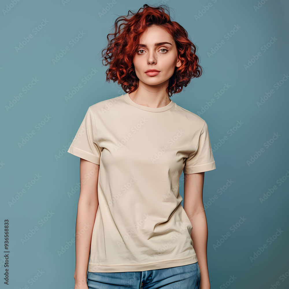A young woman with curly red hair poses confidently in a beige t-shirt against a soft blue background. A young woman with curly red hair poses confidently in a beige t-shirt against a soft blue background.