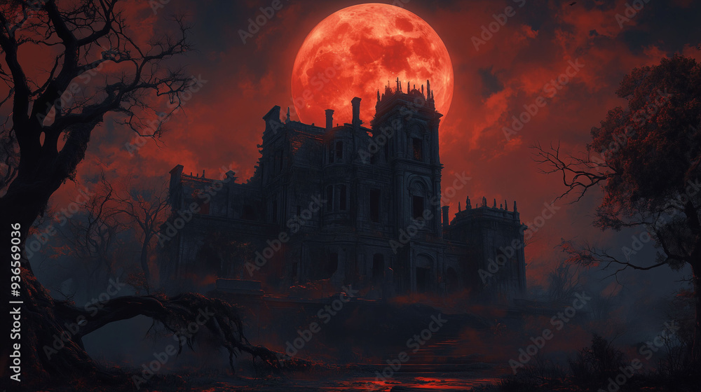 Fototapeta premium .Haunted mansion under a blood-red full moon with dark, twisted trees