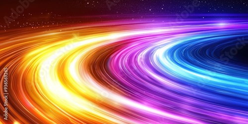 Vibrant spectrum of colorful light trails sweeping across a starry night sky, abstract display of energy and motion in space.