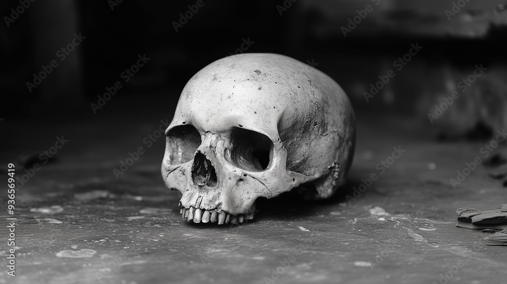 Weathered human skull resting on a textured surface in monochrome with haunting shadows Weathered human skull resting on a textured surface in monochrome with haunting shadows