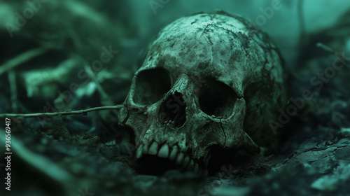 Skull amidst dark forest undergrowth with eerie atmosphere