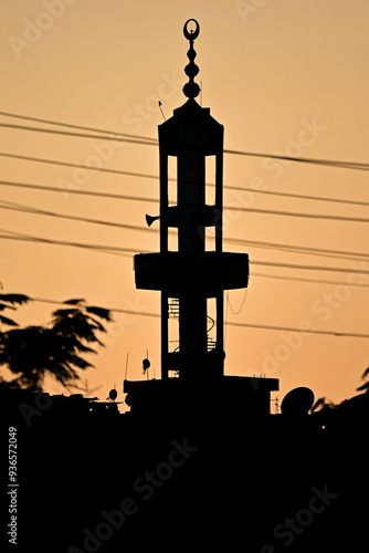 Black Silhouette Islamic Mosque at sunset 