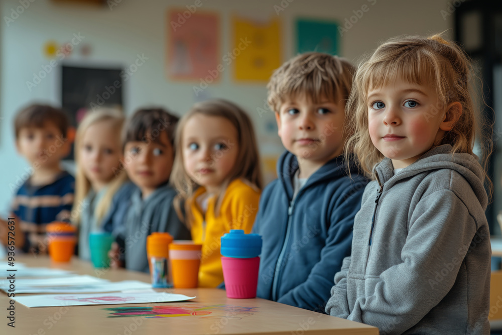 A joyful gathering of elementary school kids creatively engaged in art with colorful cups in hand during a classroom activity A joyful gathering of elementary school kids creatively engaged in art with colorful cups in hand during a classroom activity