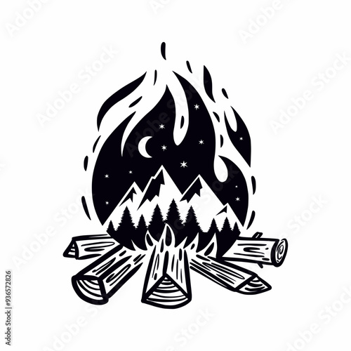 Vector drawing of a campfire at night with mountains and forest