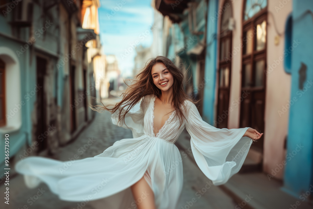 Young girl joyfully twirling on a quaint street in a flowing white dress during a sunny afternoon Young girl joyfully twirling on a quaint street in a flowing white dress during a sunny afternoon