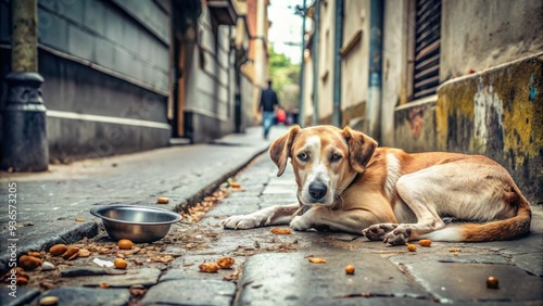 Lonely, forgotten dog lies on worn, cracked sidewalk amidst scattered trash, with a rusty old food bowl and a frayed leash nearby, conveying abandonment.