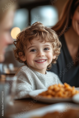 Happy boy enjoys meal with mom in cozy restaurant during a warm family outing