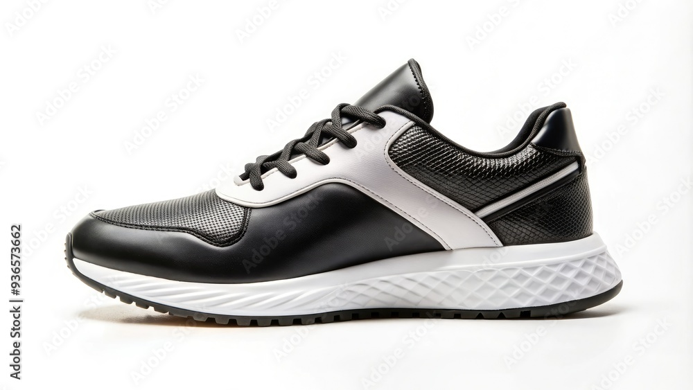 Low-angle shot of a bold, black and white sneaker isolated on a white background, showcasing its sleek design and vibrant outsole accents. Low-angle shot of a bold, black and white sneaker isolated on a white background, showcasing its sleek design and vibrant outsole accents.