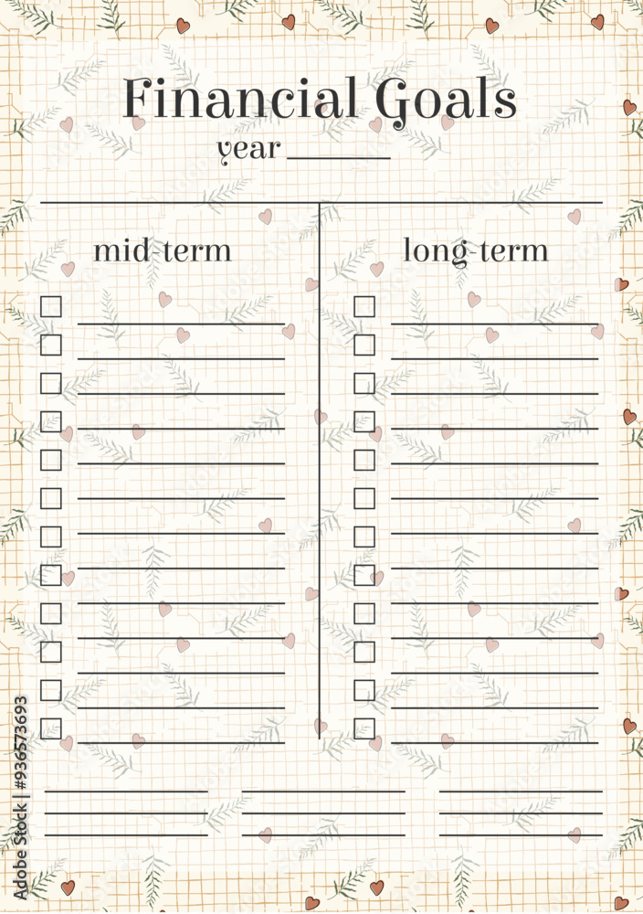 Financial goals floral spring paper sheet. Planner worksheet lovely template. Financial goals floral spring paper sheet. Planner worksheet lovely template.