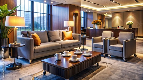 luggage wheels and espresso cups scattered around plush sofas, warm lighting, and sleek reception desk in a modern hotel atmosphere. photo