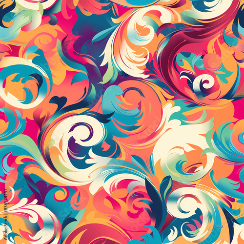 A vibrant swirl of colors features intricate floral patterns, showcasing an explosion of creativity and artistic flair.