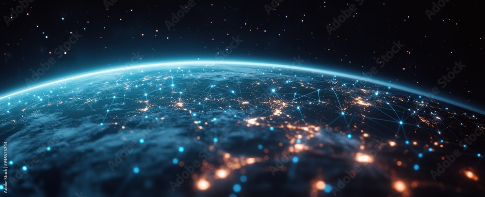 Obraz premium Earth's virtual system representation with international connections and info flows in a web banner