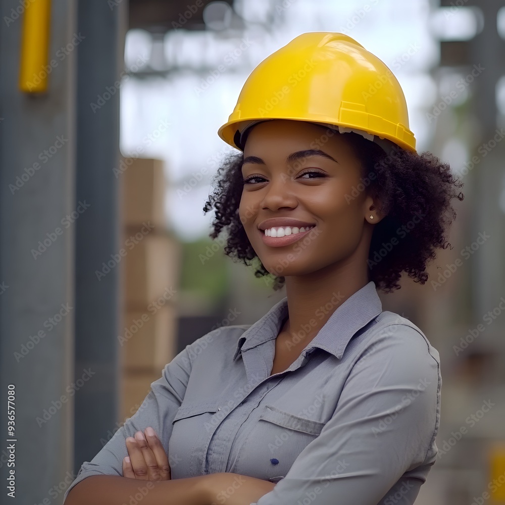 smiling female engineer on site wearing hard hat, Proud woman wearing hard hat and hi-vis vest smiling female engineer on site wearing hard hat, Proud woman wearing hard hat and hi-vis vest