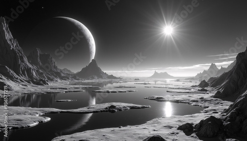 Exoplanet with unique geometrically patterned landscapes and shimmering lakes reflecting the light of its distant star. photo