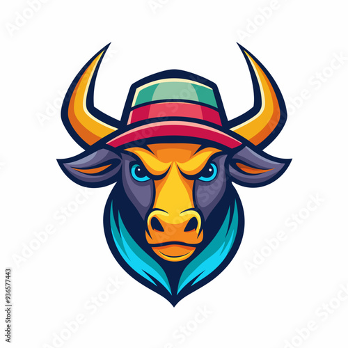 Trendy Hat Creative and Modern Logo Design. Colorful Bull Head Mascot Logo with White Background.