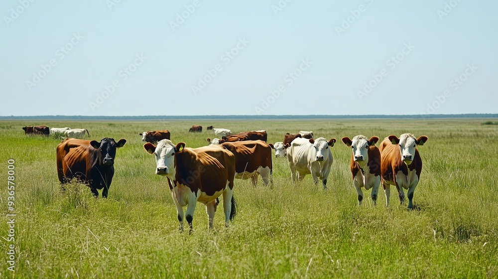 Cattle grazing peacefully in a vast green pasture under a clear blue sky on a sunny day Cattle grazing peacefully in a vast green pasture under a clear blue sky on a sunny day