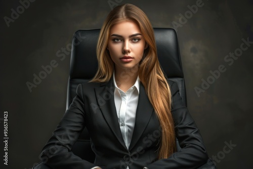 A serious business woman sits in a leather chair on a dark background and looks at the camera.