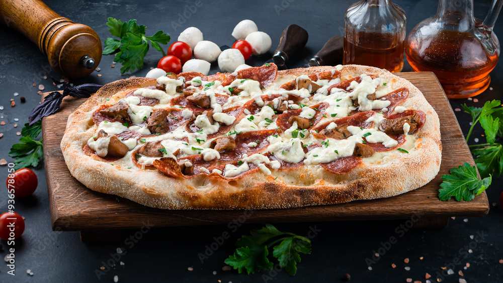 Italian lunch pinza or pizza with sausage, cheese, mushrooms, cream cheese and herbs.