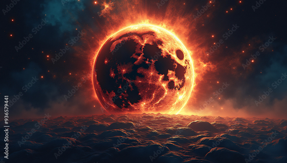 Dramatic planetary eclipse with a moon casting deep shadows over the surface revealing hidden features and cosmic wonders. Dramatic planetary eclipse with a moon casting deep shadows over the surface revealing hidden features and cosmic wonders.