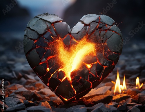 Shattered stone heart with inner fire, symbolizing broken heart or passionate but tormented love. 