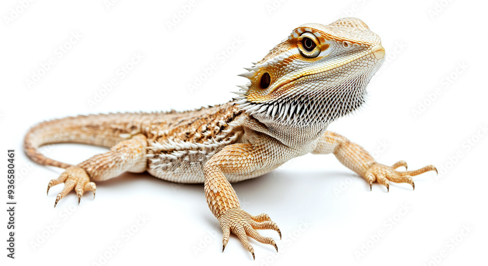 Naklejka premium Exotic lizard bearded dragon on light background, lizard in natural pose. Close-up. Copy space. Generative AI