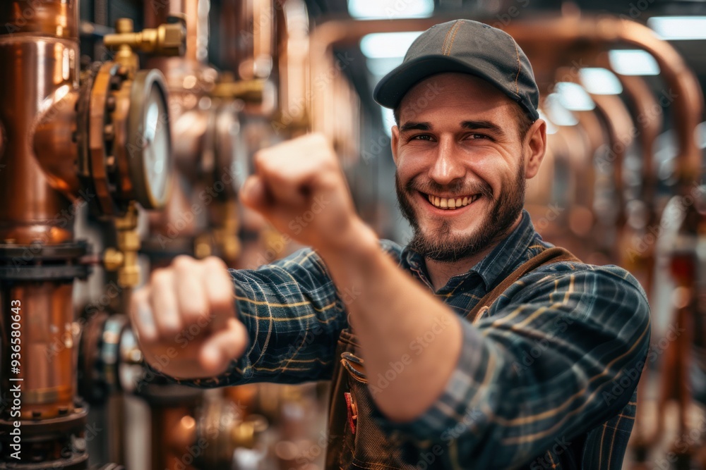 A smiling man wearing a cap and work apron stands in front of a row of copper pipes in a brewery. A smiling man wearing a cap and work apron stands in front of a row of copper pipes in a brewery.