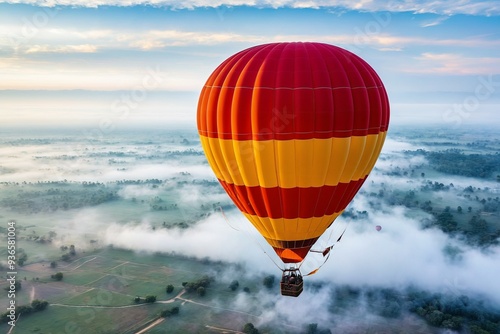 A bright red and yellow hot air balloon soaring in the clear blue sky photo