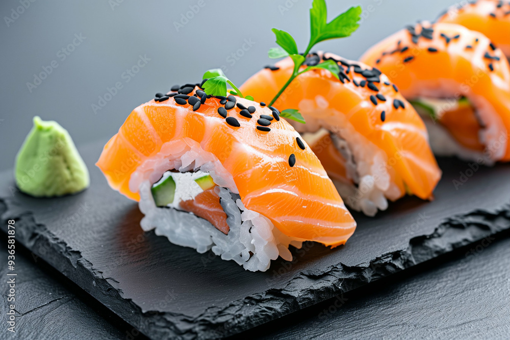 Sushi Rolls on Slate Plate with Salmon and Wasabi. Delicious Sushi Food Served Fresh. Gourmet Sushi Presentation for Culinary Delight Sushi Rolls on Slate Plate with Salmon and Wasabi. Delicious Sushi Food Served Fresh. Gourmet Sushi Presentation for Culinary Delight