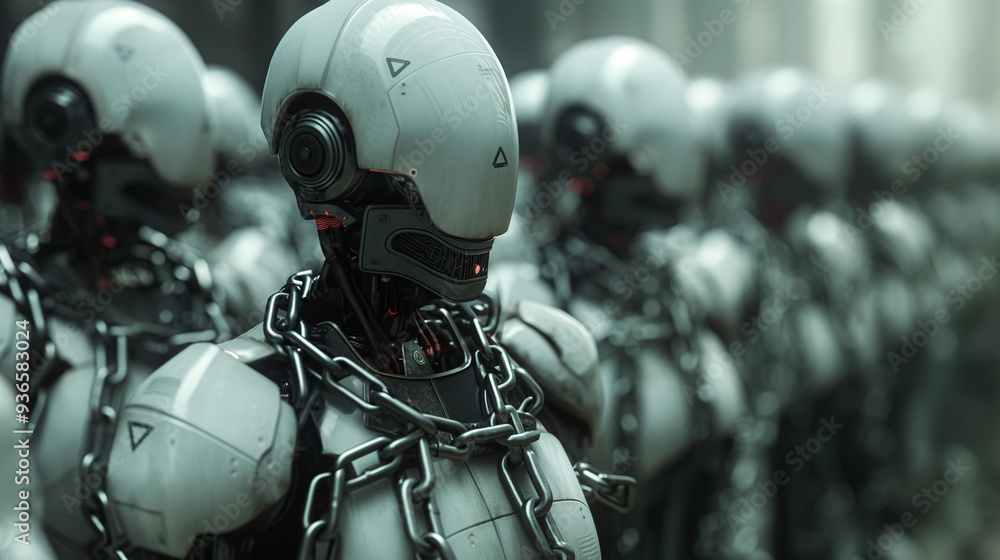 Fototapeta premium Row of chained humanoid robots in a dystopian setting.