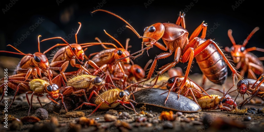 Macro shot of a cluster of red ants swarming around a lifeless cockroach, feasting on its decaying body in a dark, humid, and eerie environment. Macro shot of a cluster of red ants swarming around a lifeless cockroach, feasting on its decaying body in a dark, humid, and eerie environment.