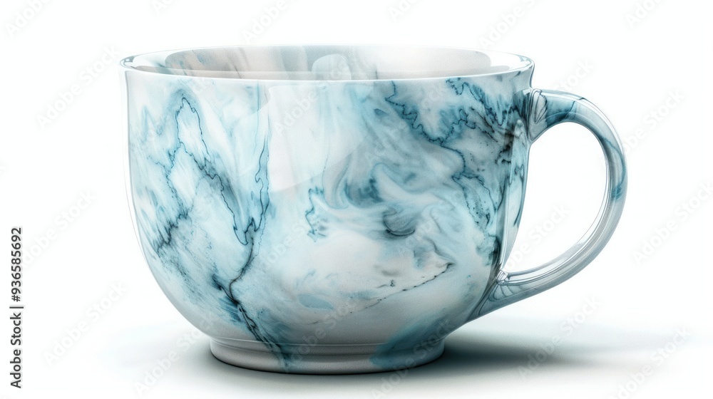 Ceramic cup with blue marble pattern standing on surface on white background. Ceramic cup with blue marble pattern standing on surface on white background.