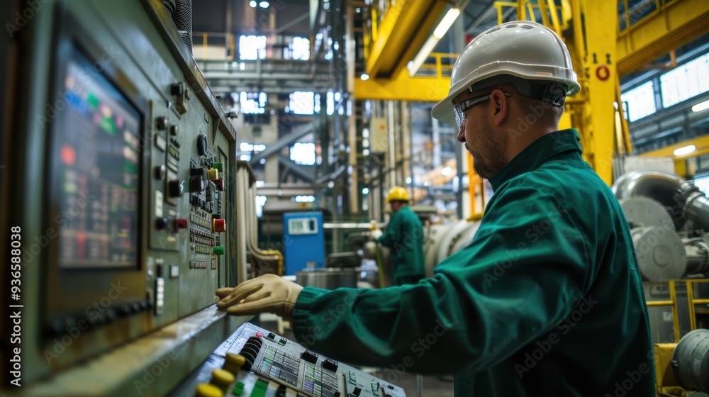 The factory worker controlling machinery The factory worker controlling machinery