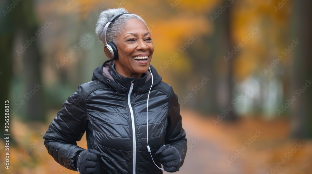 Obraz premium Portrait of happy elderly African American woman wearing headphones and jogging in autumn park demonstrating healthy lifestyle and enjoying warm day.