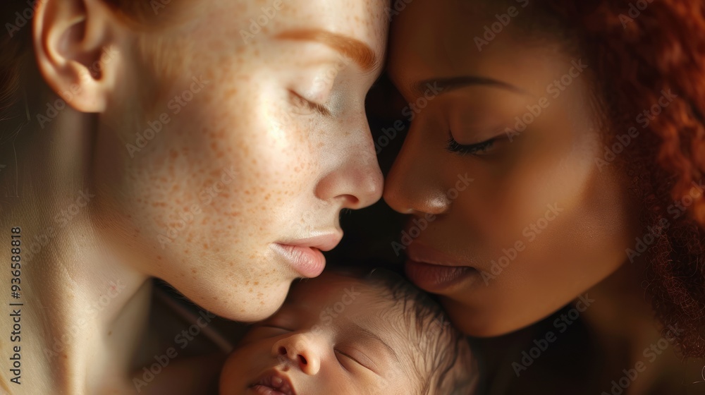 A portrait of a lesbian couple with their baby, showing the close bond and happiness of their family, cuddling and smiling in a home setting.