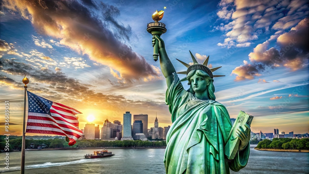 Fototapeta premium Majestic copper statue of lady liberty towers above New York Harbor, proudly holding torch and tablet, with American flag waving majestically in background.
