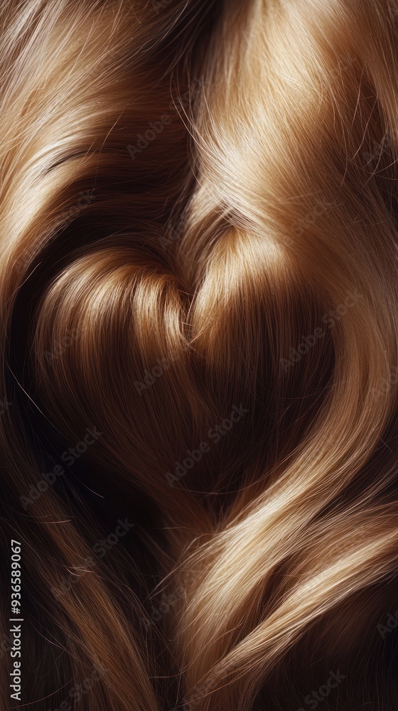 Golden Brown Hair in Heart Shape Close-Up - A close-up of silky golden brown hair styled into a heart shape, highlighting its texture, shine, and rich color. Golden Brown Hair in Heart Shape Close-Up - A close-up of silky golden brown hair styled into a heart shape, highlighting its texture, shine, and rich color.