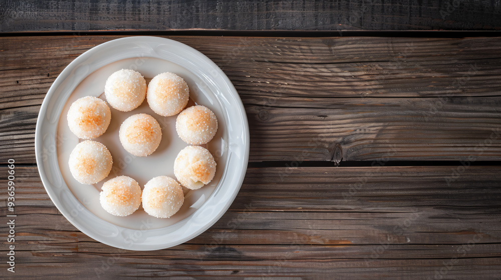 Delicious homemade coconut snowball candy truffle is displayed on a rustic wooden table Delicious homemade coconut snowball candy truffle is displayed on a rustic wooden table