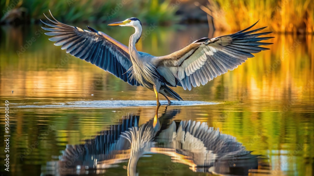 Majestic great blue heron spreads wings, feathers ruffled, as it touches down on calm water's surface, creating subtle ripples and a delicate natural symmetric reflection. Majestic great blue heron spreads wings, feathers ruffled, as it touches down on calm water's surface, creating subtle ripples and a delicate natural symmetric reflection.
