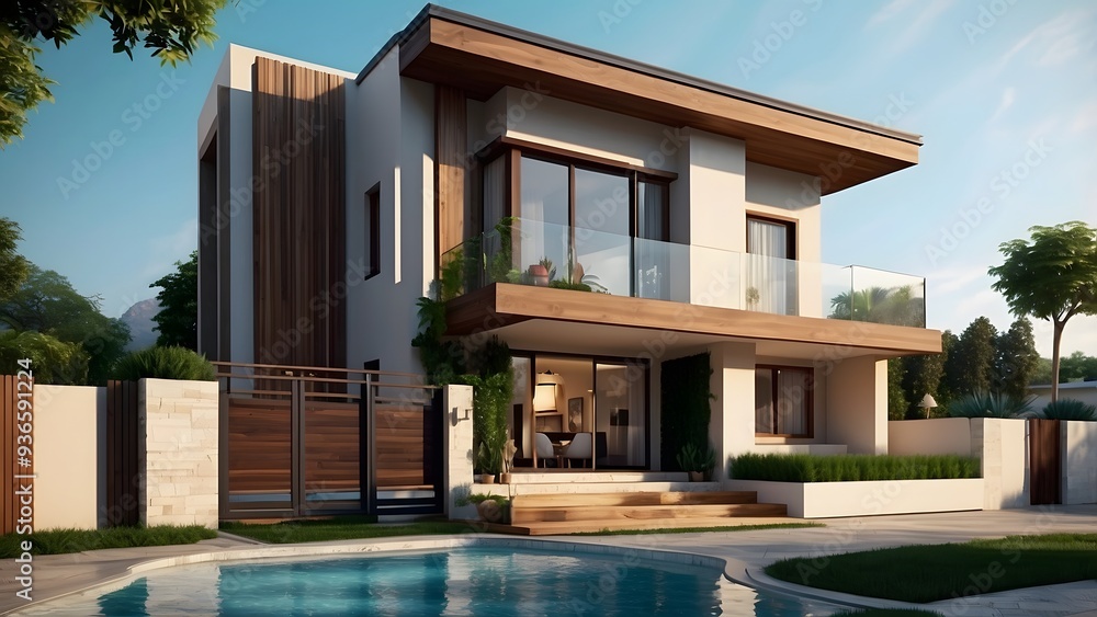 custom made wallpaper toronto digitalArchitectural exterior design of a house with a crystal clear swimming pool filled with water, front elevation design of house