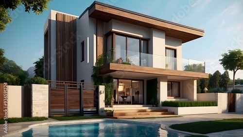 Architectural exterior design of a house with a crystal clear swimming pool filled with water, front elevation design of house 