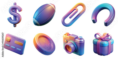 Collection of 3d gradient objects including dollar sign, photo camera, paper clip, credit gard, gift box