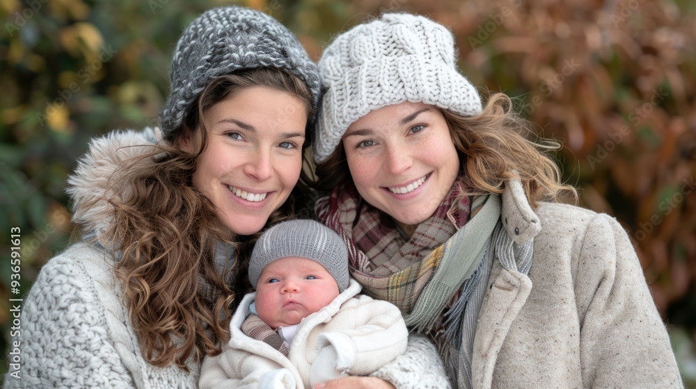 Portrait of two mothers in warm clothes holding their newborn baby, smiling and showing care and love, reflecting the happiness of their LGBT family. Portrait of two mothers in warm clothes holding their newborn baby, smiling and showing care and love, reflecting the happiness of their LGBT family.