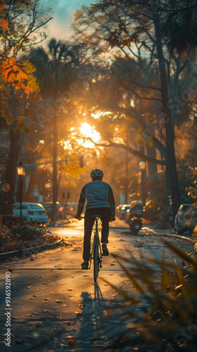 Wallpaper Mural A man rides his bike on a sunlit street surrounded by autumn foliage during the golden hour of the early evening Torontodigital.ca