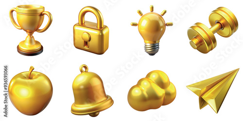 Collection of 3d golden objects including padlock, light bulb, bell, cloud, apple, winner cup, dumbbell, paper airplane