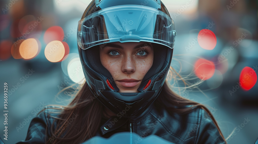 A motorcyclist wearing a helmet rides through a bustling city street during twilight, showcasing urban excitement and focus A motorcyclist wearing a helmet rides through a bustling city street during twilight, showcasing urban excitement and focus