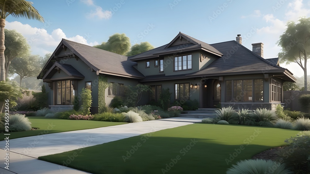 Fototapeta premium Exterior design of a modern house with a big lawn,full white and brown color theme, real estate home exterior front elevation desi 