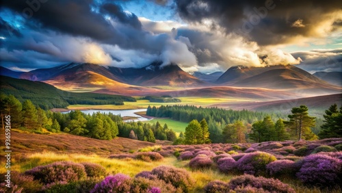 Majestic misty mountains of Cairngorms National Park in Scotland, with heather-covered moors, ancient forests, and sparkling lochs under a dramatic cloudy sky. photo