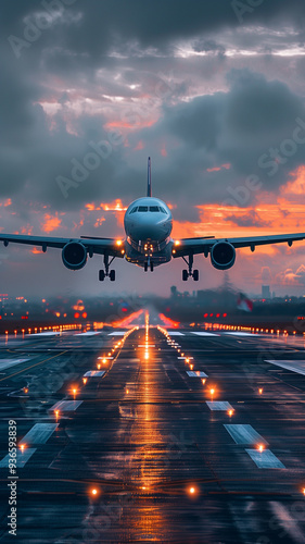 Airplane taking off at sunset from a busy airport runway with dramatic skies and illuminated lights